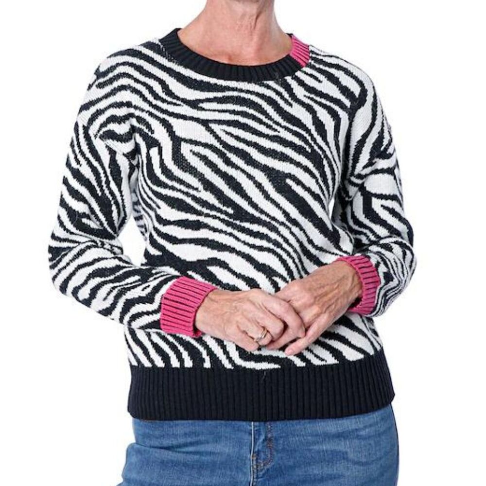 Parkhurst Black & White Zebra Print Pink Accent Cozy Knit Sweater Sz Medium